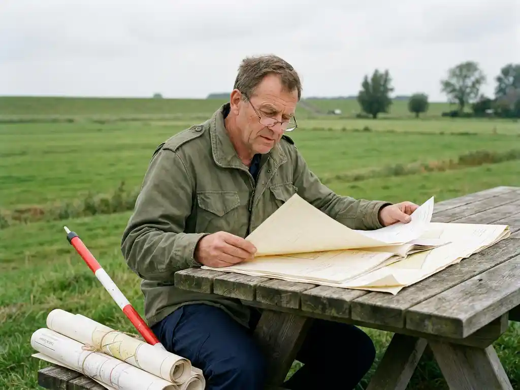 Projectmanager in veldjas bestudeert bestemmingsplannen aan houten tafel in polderlandschap, met meetpaal en kadastrale kaarten.