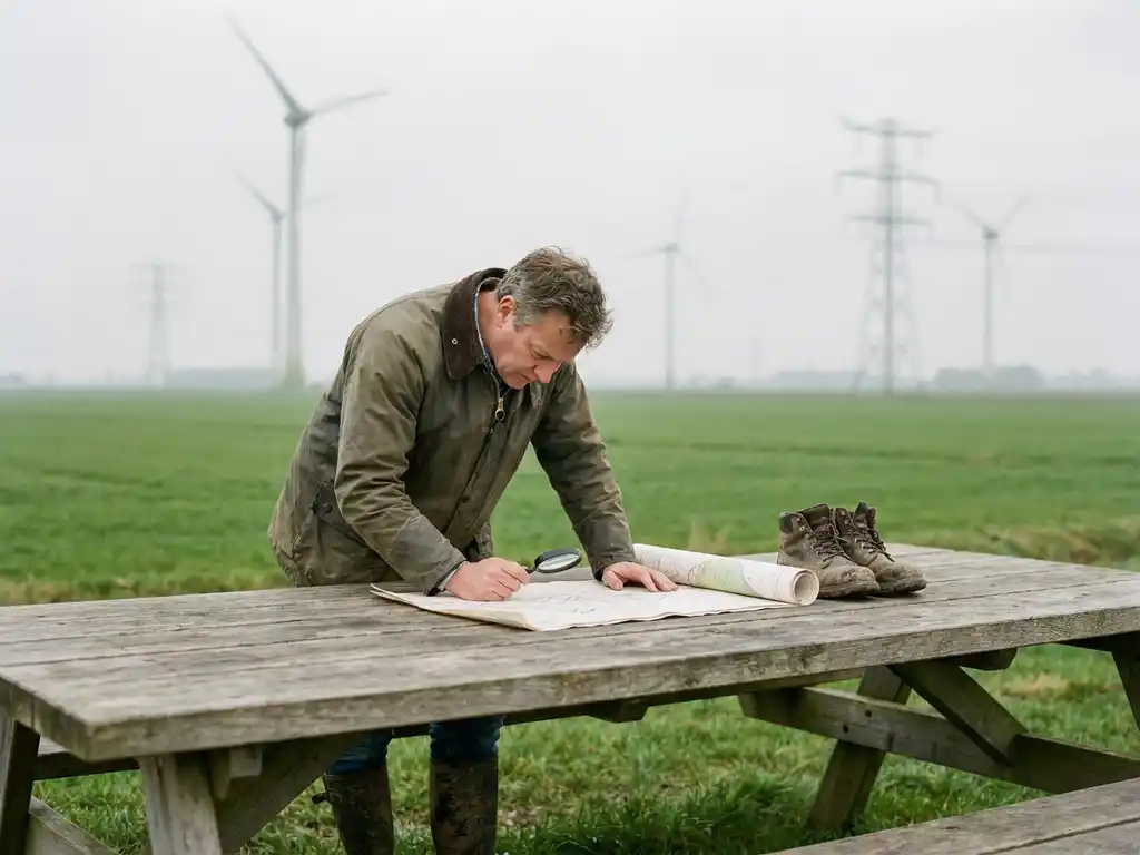 Projectmanager bestudeert landmeetkundige documenten aan een verweerde houten veldtafel in een vlak Hollands polderlandschap met windturbines.