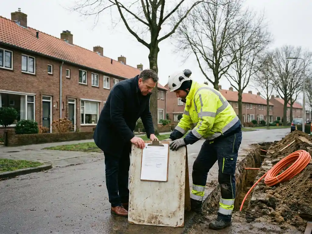 Gemeenteambtenaar en telecommedewerker bekijken vergunningsdocument bij kabelgleuf langs Nederlandse woonstraat met bakstenen rijtjeshuizen.
