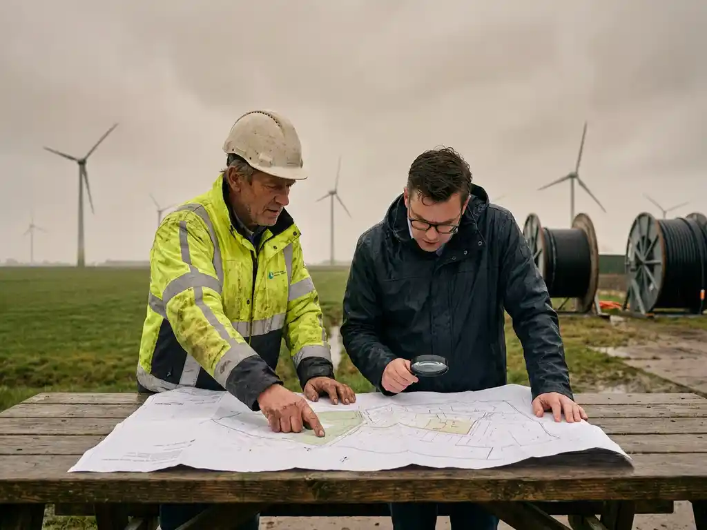 Landmeter en vergunningverlener bestuderen een papieren situatietekening op een houten tafel in een Nederlands polderlandschap met windturbines op de achtergrond.