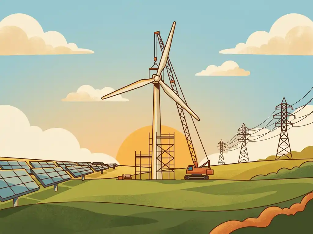 Windturbine in aanbouw op groen veld, omgeven door hoogspanningsmasten en zonnepanelen onder een heldere blauwe lucht.